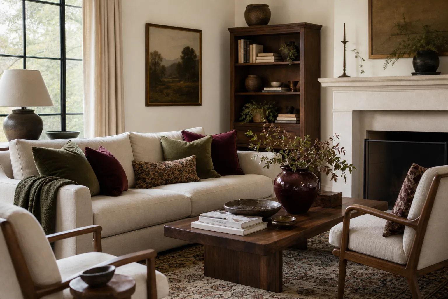 19 Fall Living Room Decor Ideas for 2026 That Feel Cozy and Collected 10 Sophisticated fall living room with burgundy, olive and walnut accents