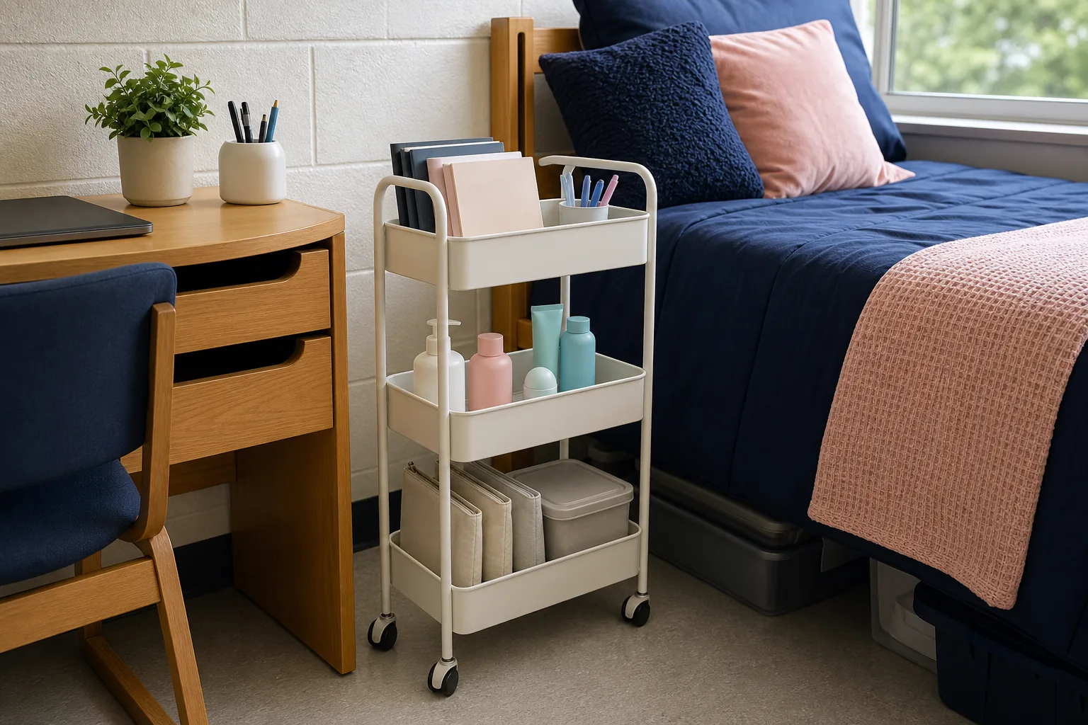 Slim three-tier rolling cart styled with school supplies, toiletries and snacks beside a dorm desk