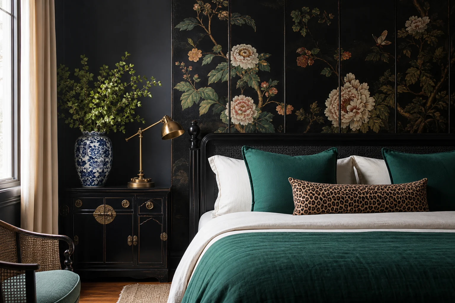 Eclectic Black Nouveau bedroom mixing floral art, a chinoiserie-inspired vase and subtle animal-pattern accents