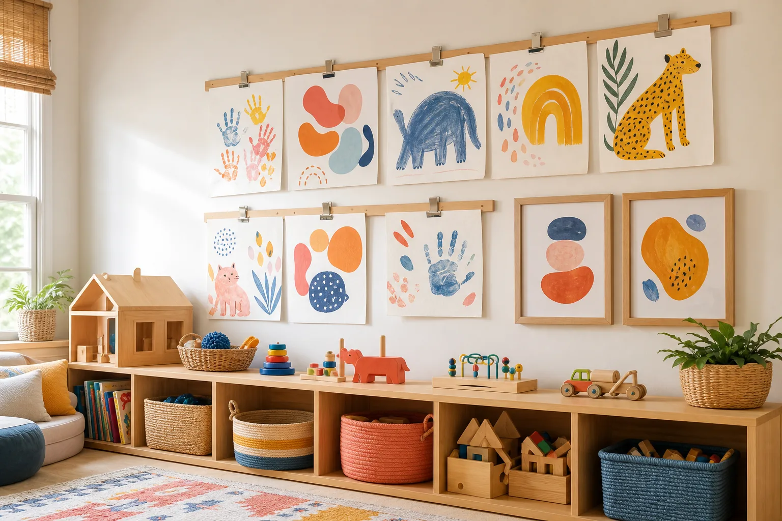21 Playroom Inspiration Ideas for a Fun, Organized and Beautiful Kids' Space 10 Playroom gallery wall displaying children's artwork on simple clip rails above organized toy storage