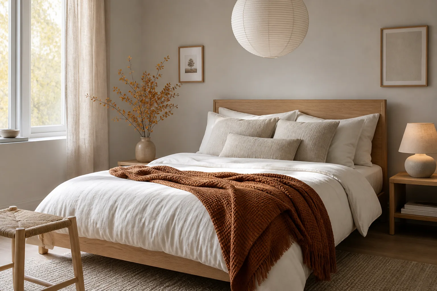 Light Scandinavian fall bedroom with ivory bedding, cinnamon knit throw, pale oak furniture and golden branches