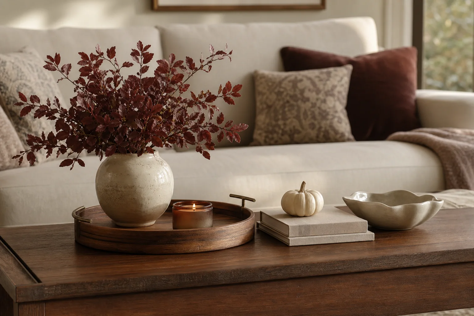 21 Cozy Fall Room Decor Ideas for a Warm, Aesthetic Home 9 Simple fall coffee table with burgundy branches, a candle, neutral books and one cream pumpkin