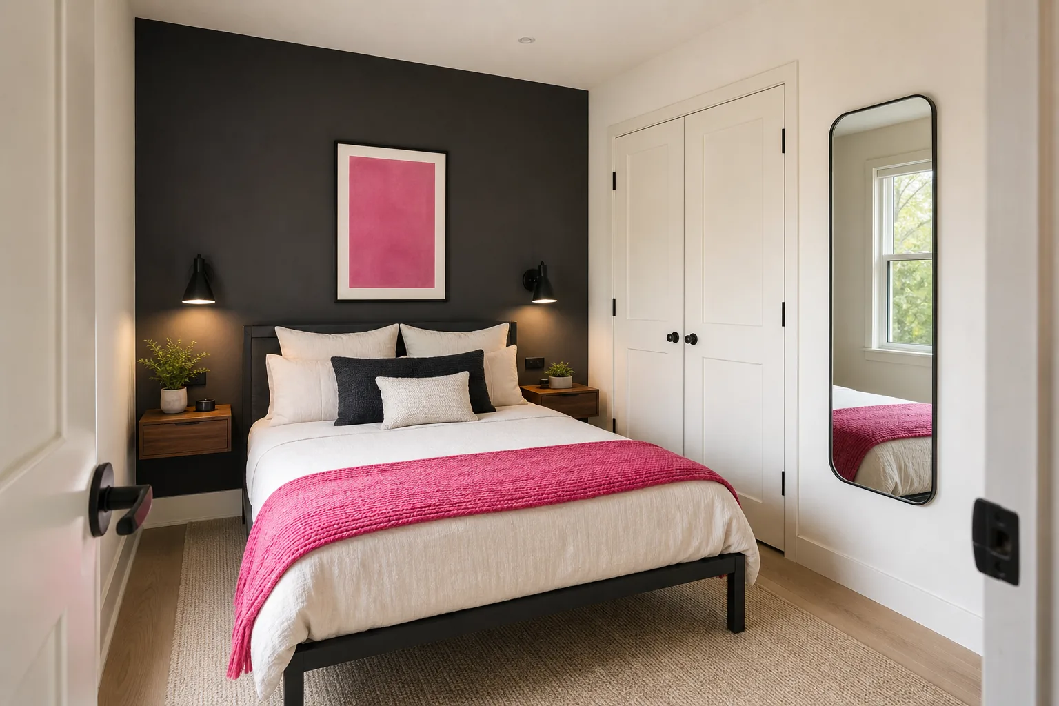 Small black and hot pink bedroom with one charcoal wall, light bedding, floating furniture and a bright mirror