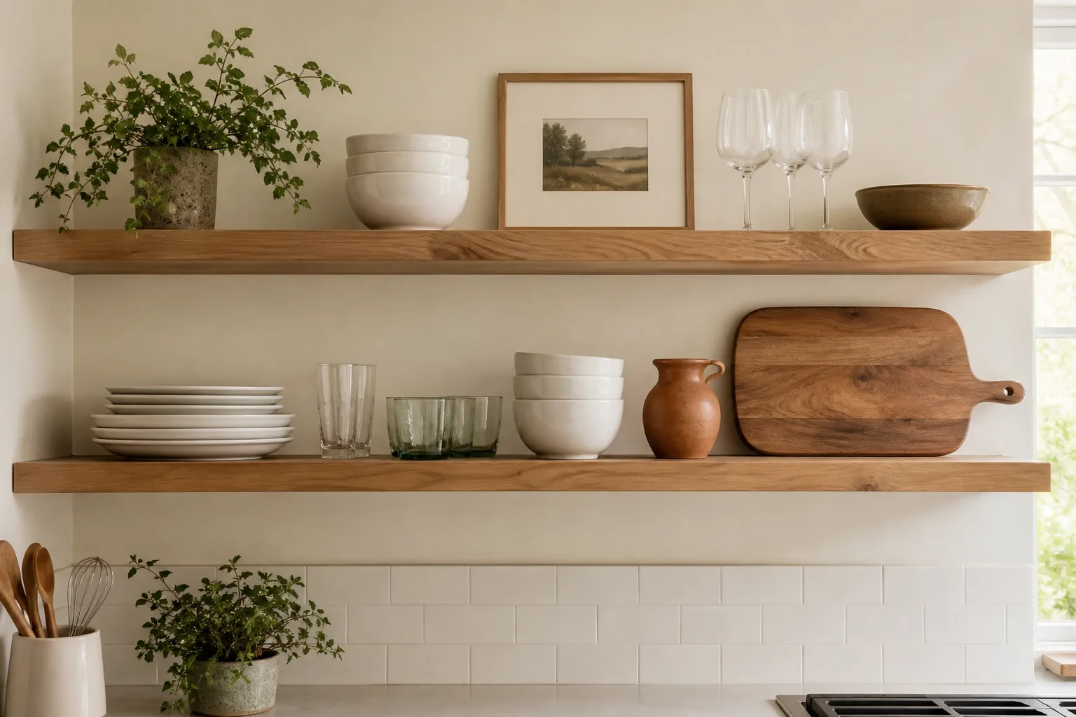 Open kitchen shelves styled with white dishes, wood boards, glassware and a small plant