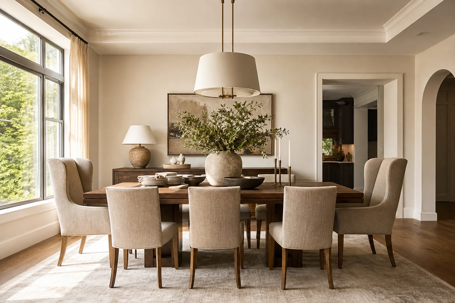 Upholstered host chairs paired with simpler dining side chairs