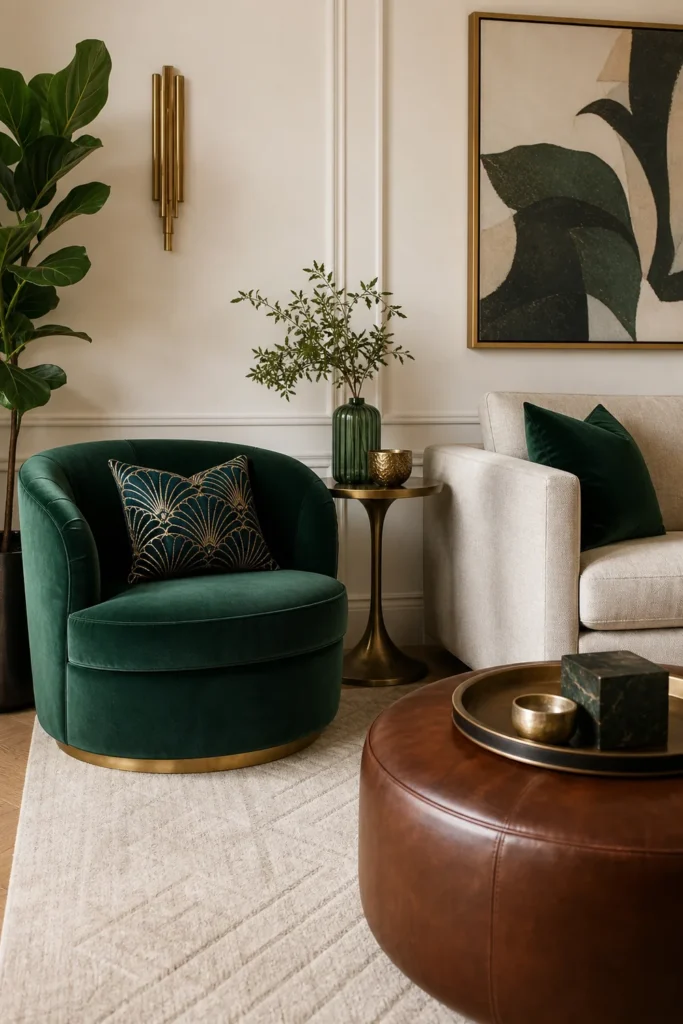Velvet chair paired with smooth contemporary fabrics