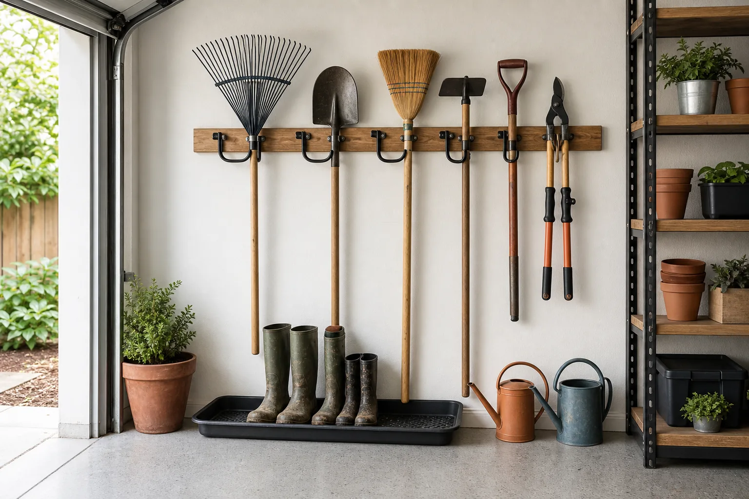 Vertical garage wall rack holding rakes, shovels and garden tools with handles off the floor