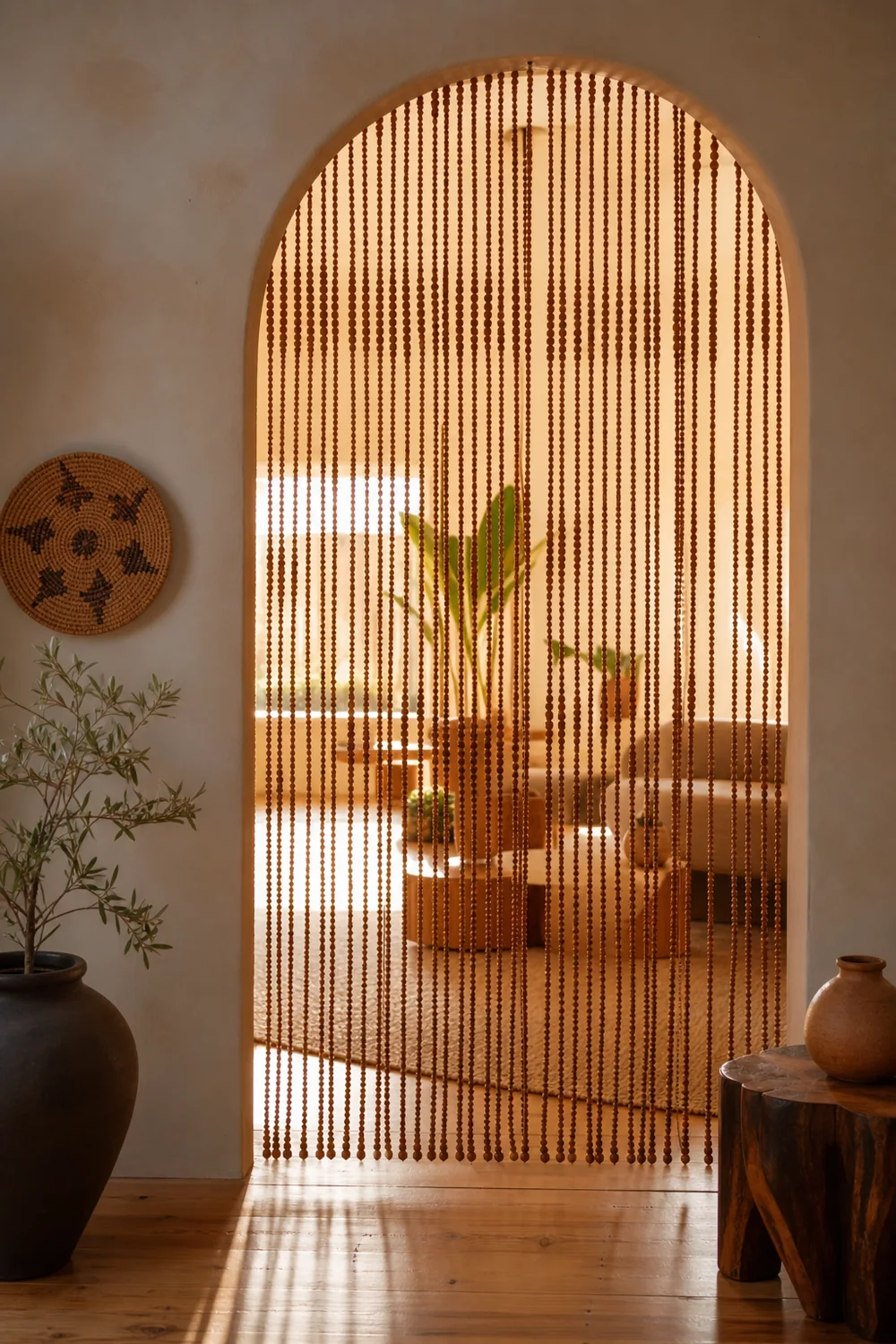 Wooden beaded curtain in an Afrobohemian arched doorway