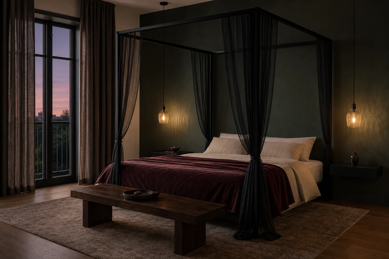 Black metal canopy bed with sheer charcoal drapes, cream bedding, burgundy velvet and warm pendant lights
