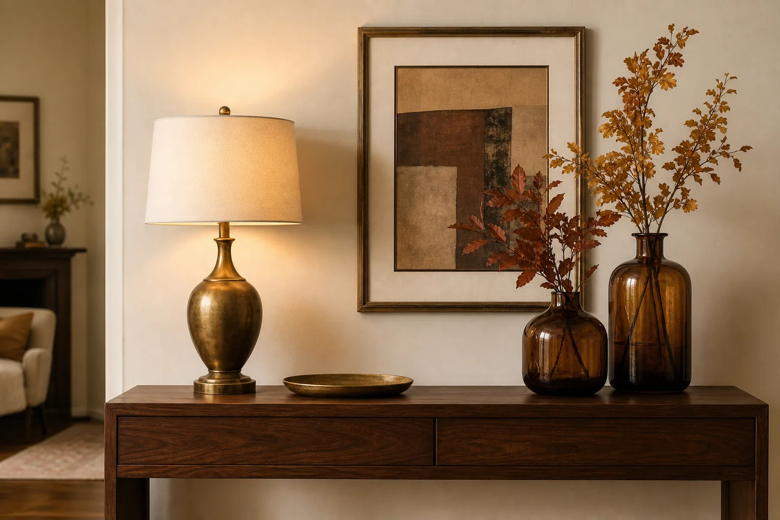 19 Fall Living Room Decor Ideas for 2026 That Feel Cozy and Collected 11 Fall living room vignette with brown glass vases, aged brass lamp and warm wood