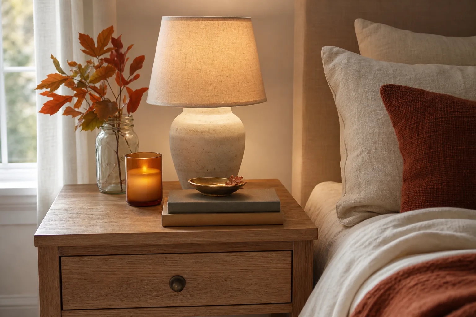 Budget-friendly fall nightstand with a ceramic lamp, amber LED light, stacked books, brass dish and autumn leaves