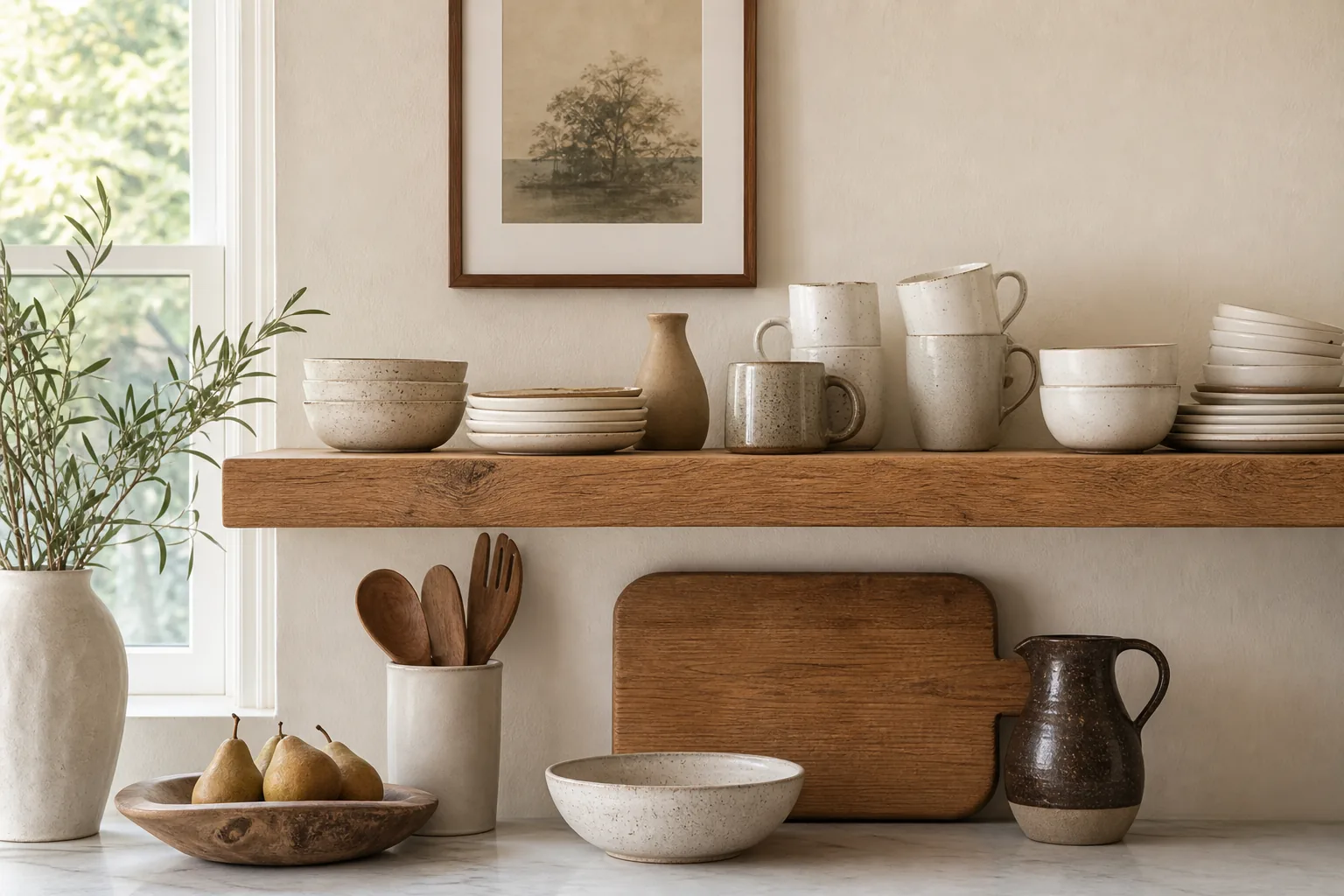 Kitchen shelving with neatly stacked cream bowls, handmade mugs and simple plates