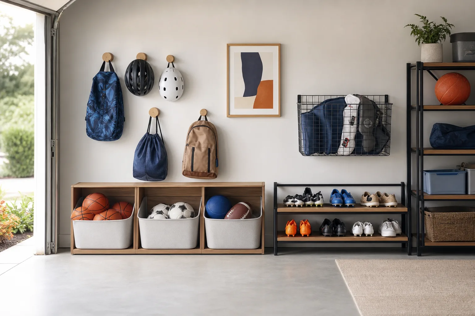 Family garage sports station with open bins for balls, hooks for helmets and shelves for shoes