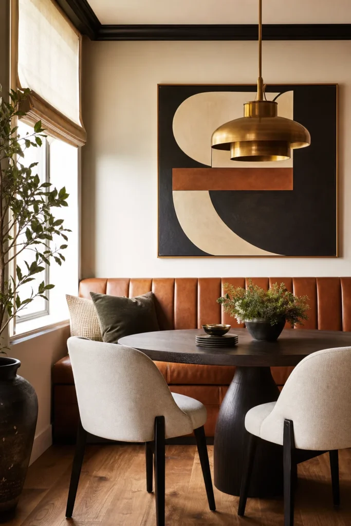 Leather banquette with sculptural pendant lighting