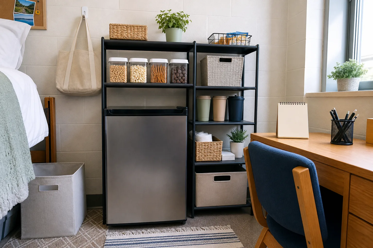 Neat dorm mini-fridge snack station with a narrow shelf, labeled baskets, reusable cups and compact food storage
