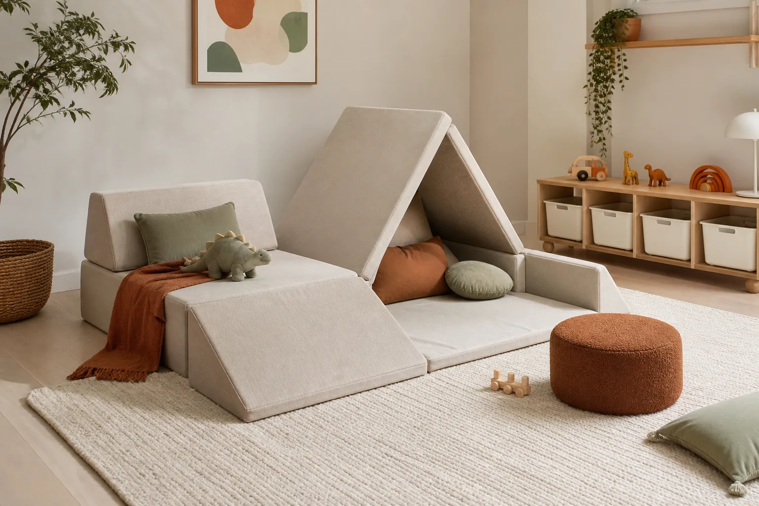 21 Playroom Inspiration Ideas for a Fun, Organized and Beautiful Kids' Space 11 Modern kids playroom with a modular foam sofa arranged as a reading seat and fort beside low storage