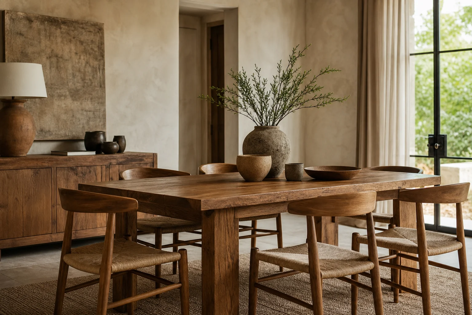 Natural oak dining table and chairs in a warm contemporary dining room