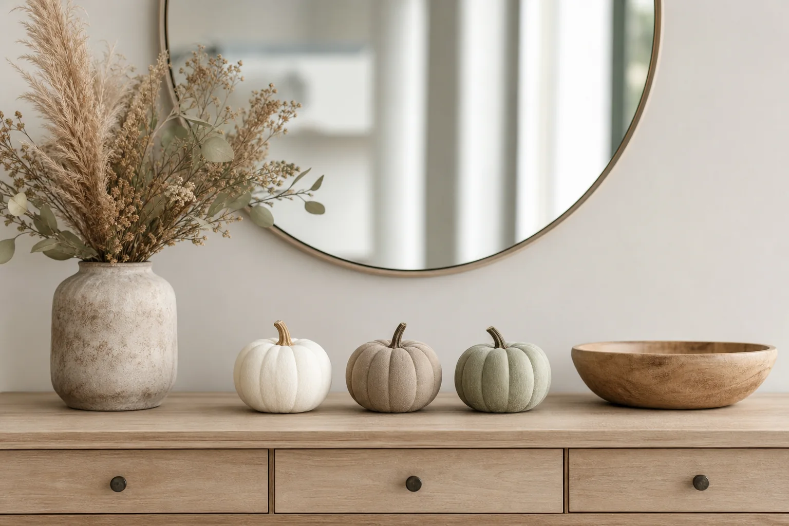 21 Cozy Fall Room Decor Ideas for a Warm, Aesthetic Home 10 Minimal entryway console decorated with three small cream, taupe and sage pumpkins