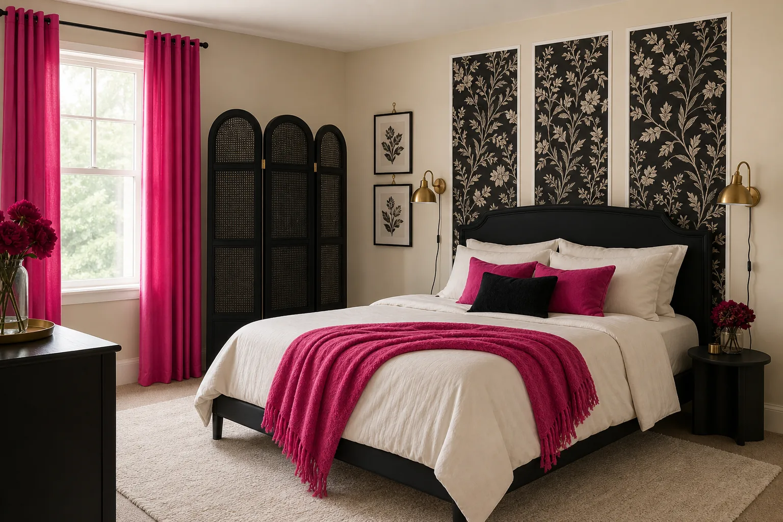 Renter-friendly black and hot pink room with removable wallpaper panels, plug-in lights and layered textiles