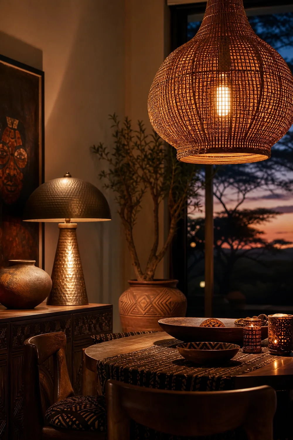 Sculptural woven pendant lighting in an Afrobohemian dining room
