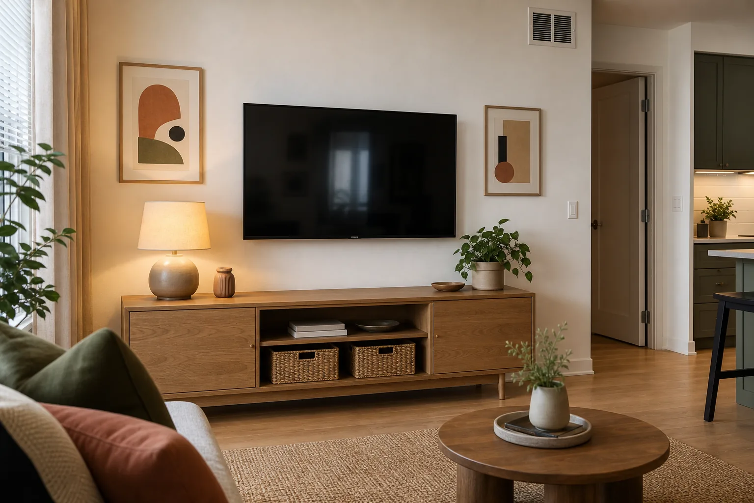 22 Cozy Apartment Aesthetic Ideas That Feel Warm, Not Cluttered 11 Cozy apartment TV wall balanced with a warm wood console, table lamp, art and woven storage
