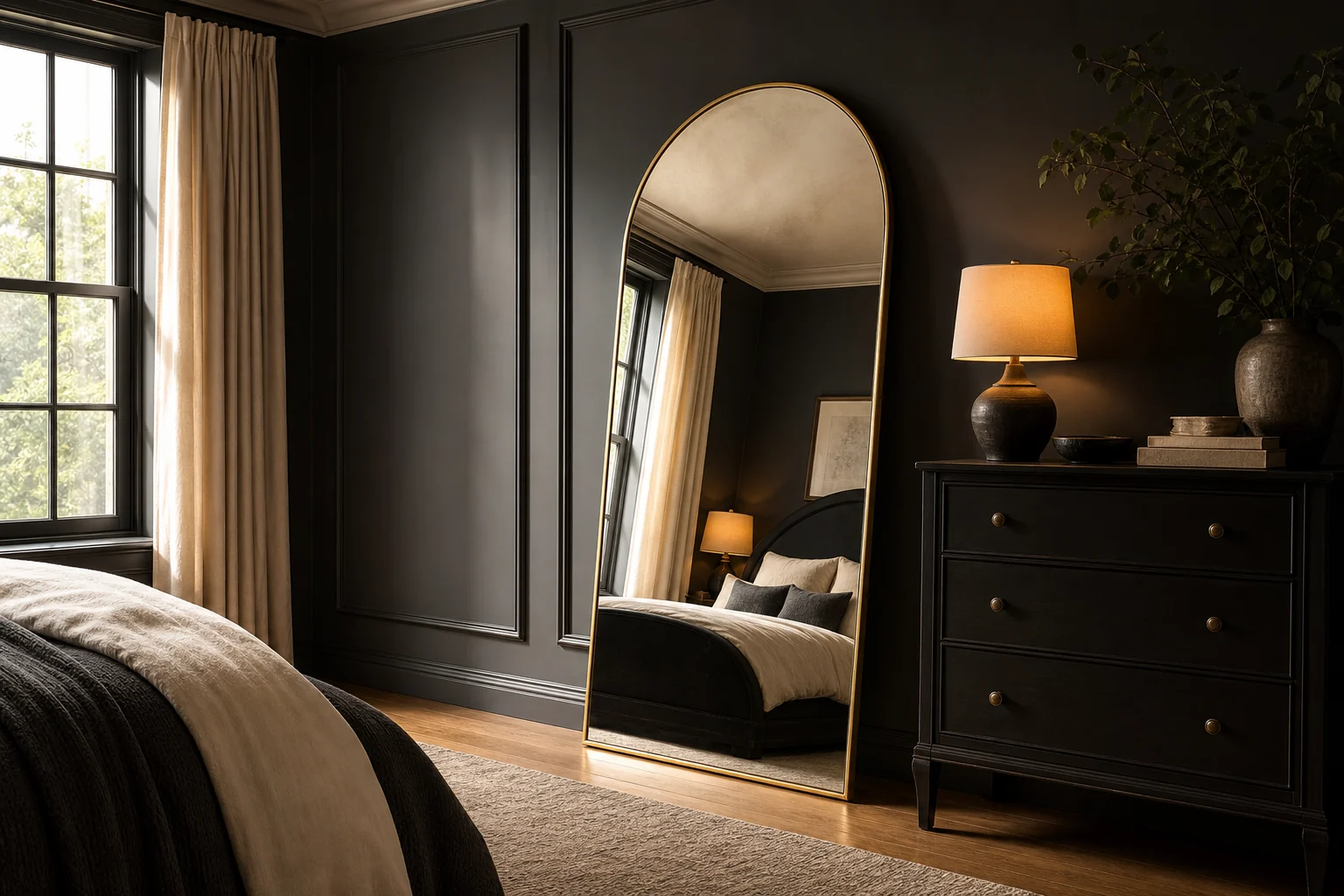 Dark bedroom with an oversized arched gold mirror reflecting warm lamps and layered black bedding