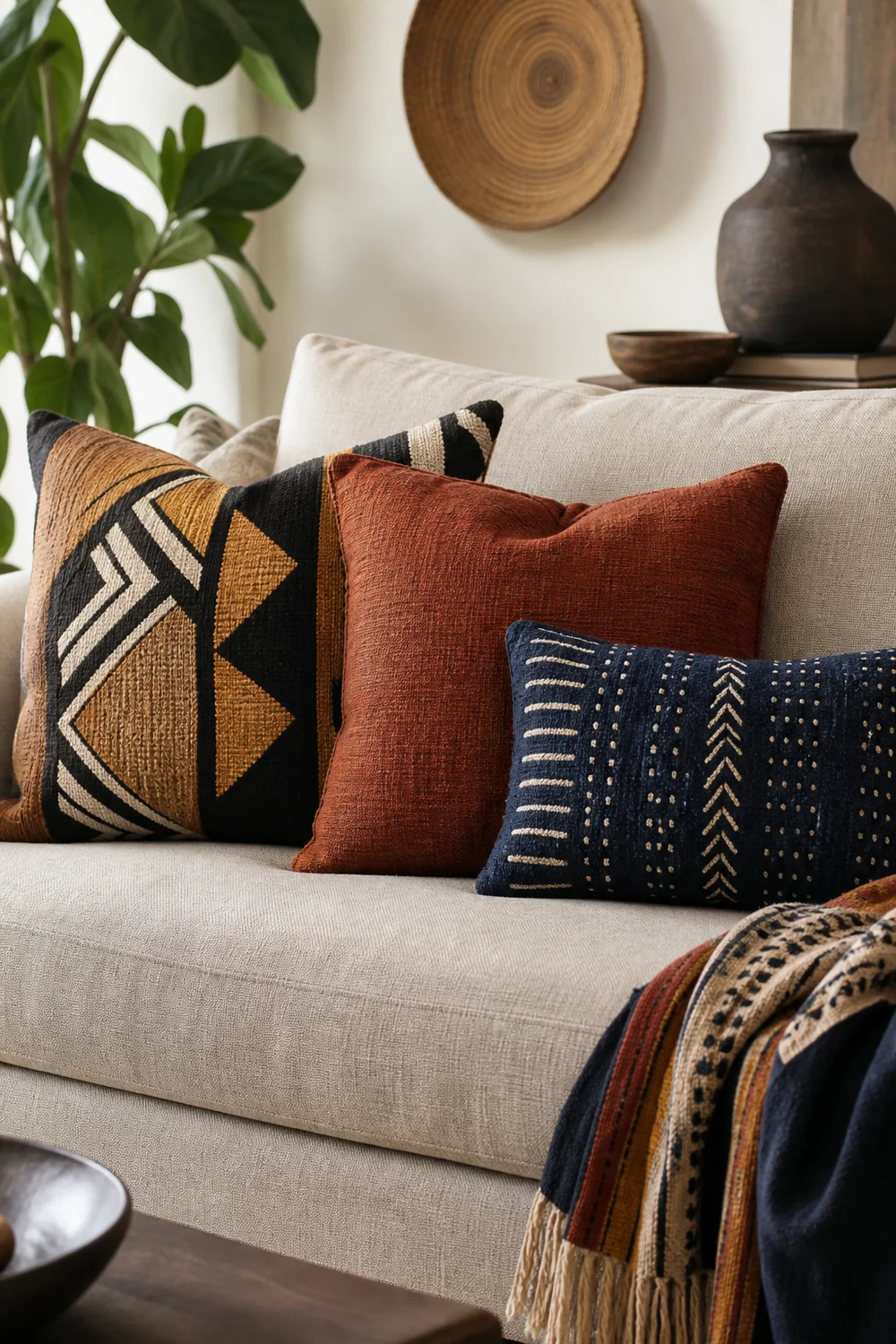 Balanced mix of geometric rust and indigo cushions