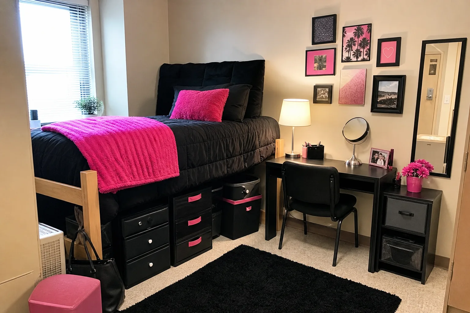 Organized black and hot pink dorm room with raised bed storage, compact desk and removable wall decor