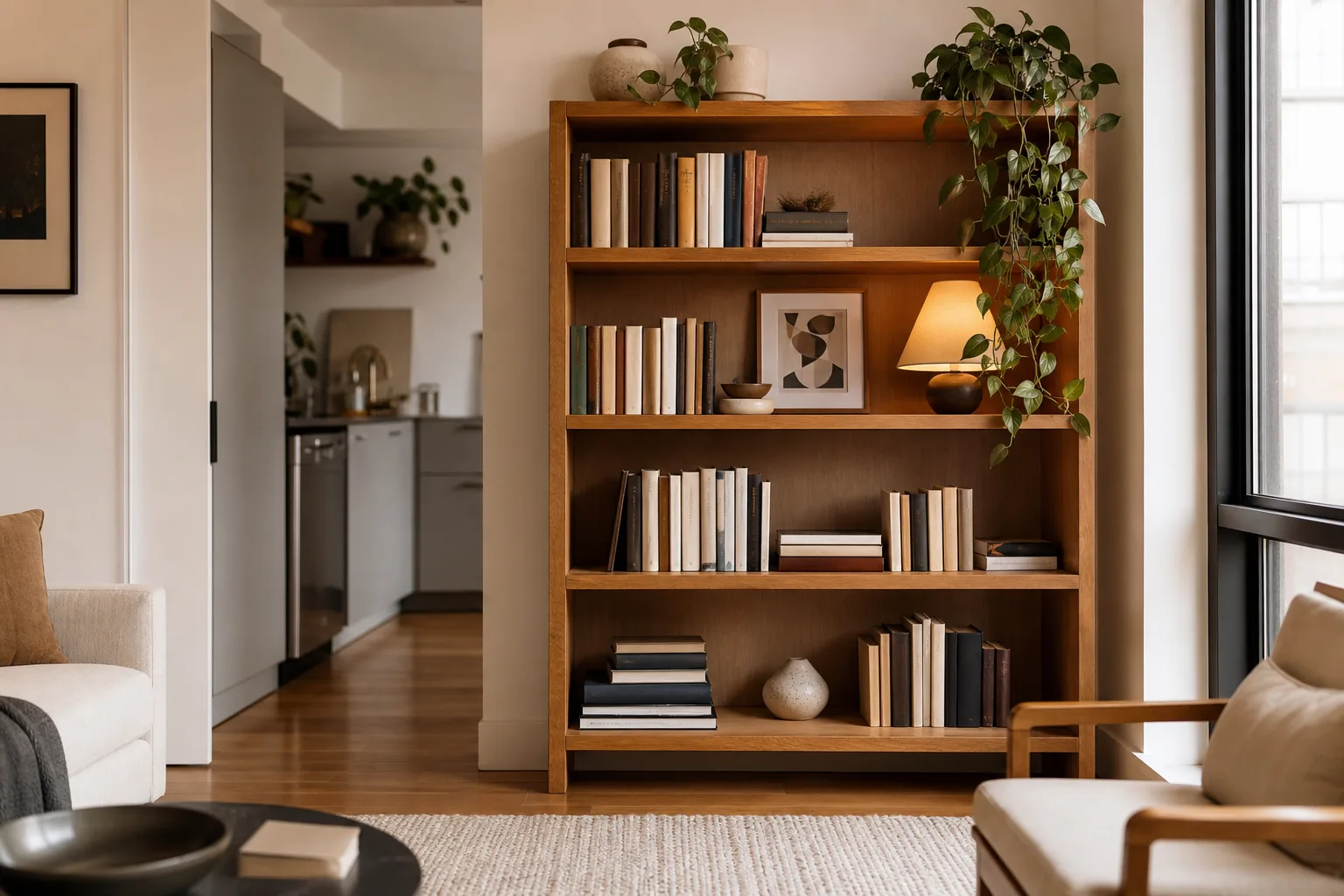 22 Cozy Apartment Aesthetic Ideas That Feel Warm, Not Cluttered 12 Cozy apartment bookshelf with books, warm lamp light, framed art and open shelf space