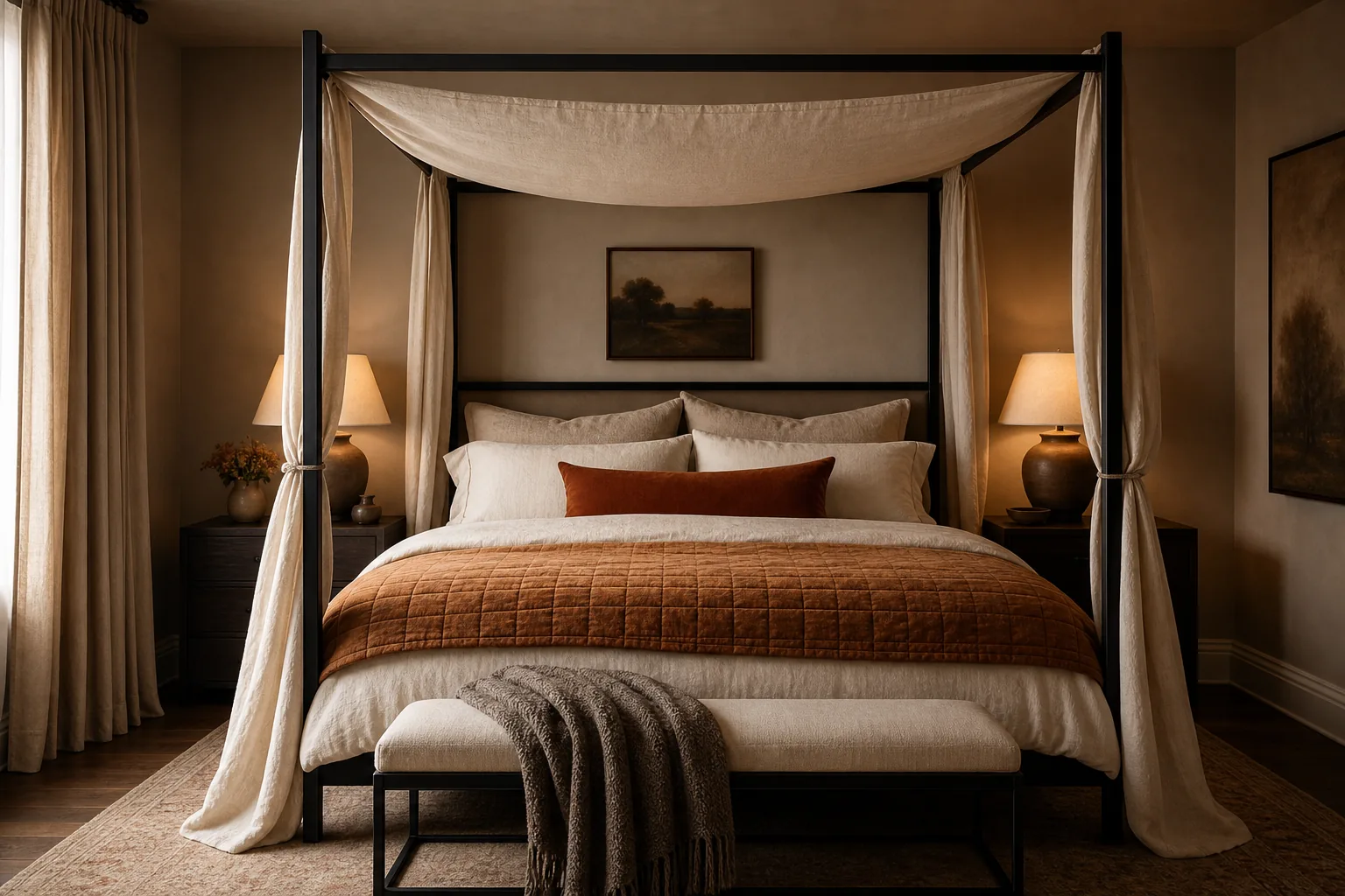 Elegant fall canopy bedroom with oatmeal linen drapes, caramel velvet quilt, rust pillow and warm bedside lamps