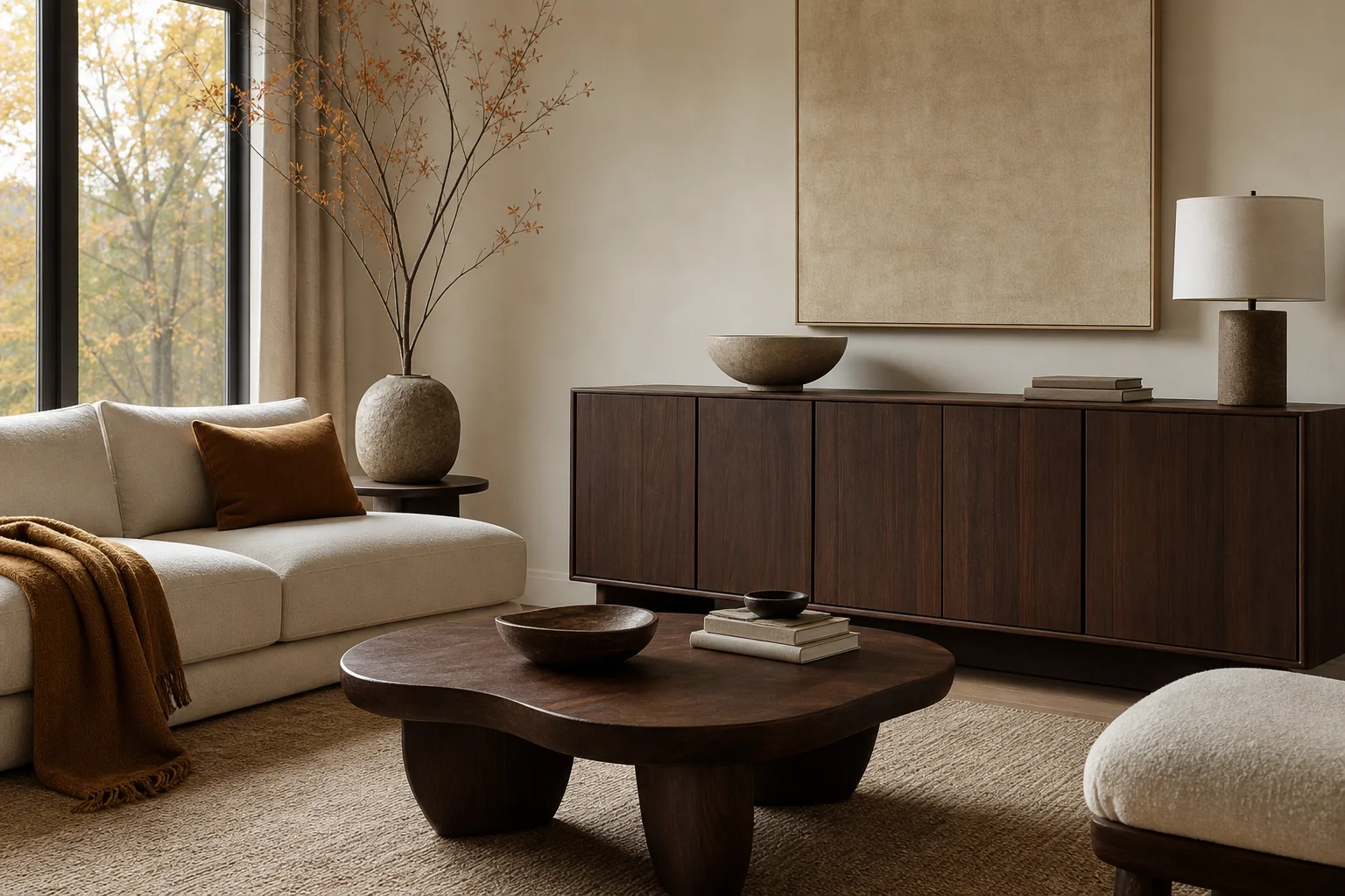 21 Cozy Fall Room Decor Ideas for a Warm, Aesthetic Home 11 Modern fall living room featuring dark walnut furniture, a cream sofa and camel textiles