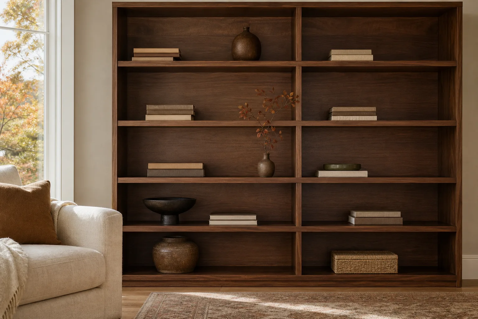 19 Fall Living Room Decor Ideas for 2026 That Feel Cozy and Collected 12 Edited living room bookshelf with books, brown ceramics, autumn foliage and open space