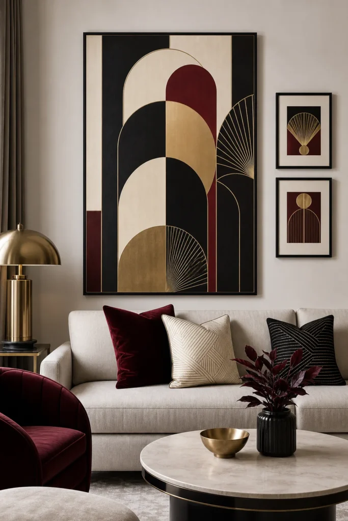Bold geometric wall art in a Neo Deco room