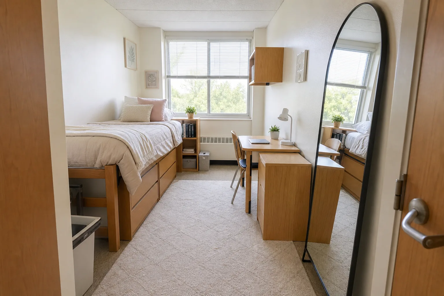 Small dorm room made brighter with a tall leaning mirror, light washable rug and soft neutral bedding