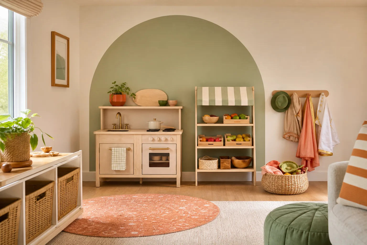 21 Playroom Inspiration Ideas for a Fun, Organized and Beautiful Kids' Space 12 Imaginative playroom corner with a compact wooden play kitchen, market shelf, costumes and open baskets