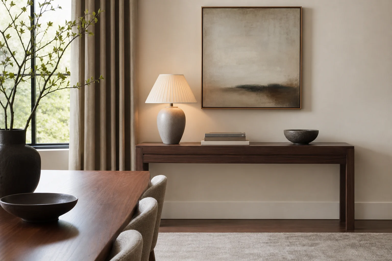 Dining room console styled with a lamp, ceramics and understated art