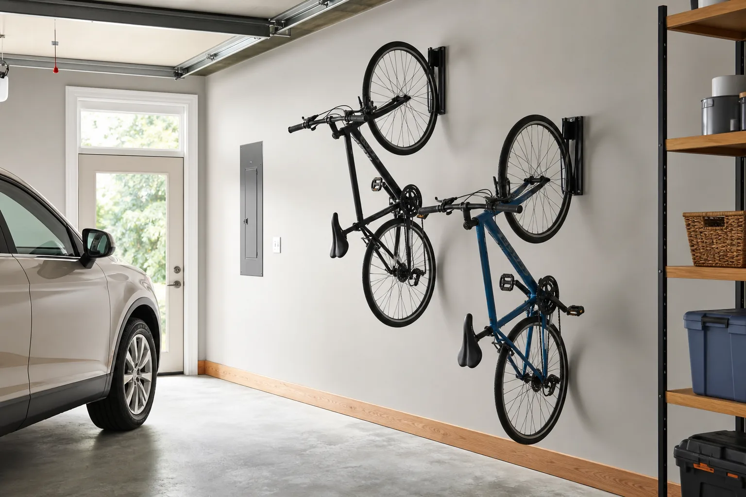 Two bicycles stored vertically on a garage wall with staggered hooks and clear floor space