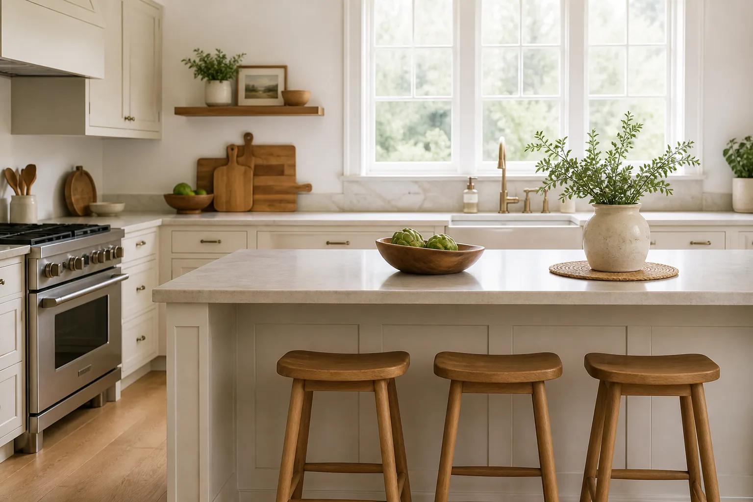 Modern kitchen softened with oak stools, wood bowls, cutting boards and a timber shelf