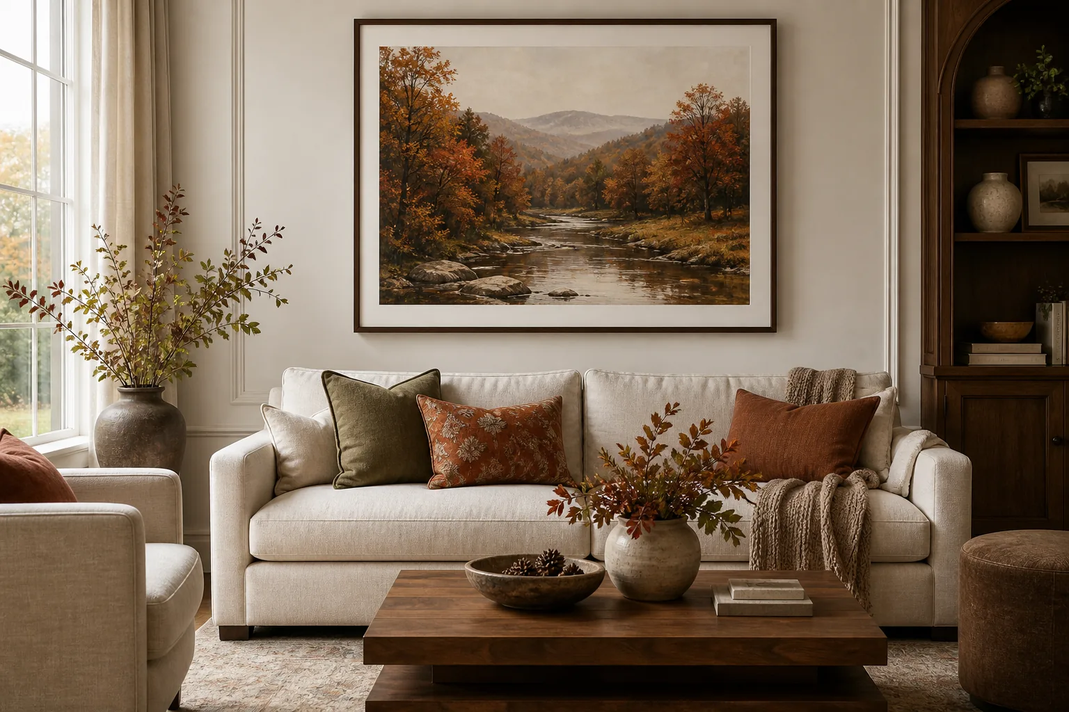 19 Fall Living Room Decor Ideas for 2026 That Feel Cozy and Collected 13 Warm neutral living room with a framed autumn landscape above the sofa