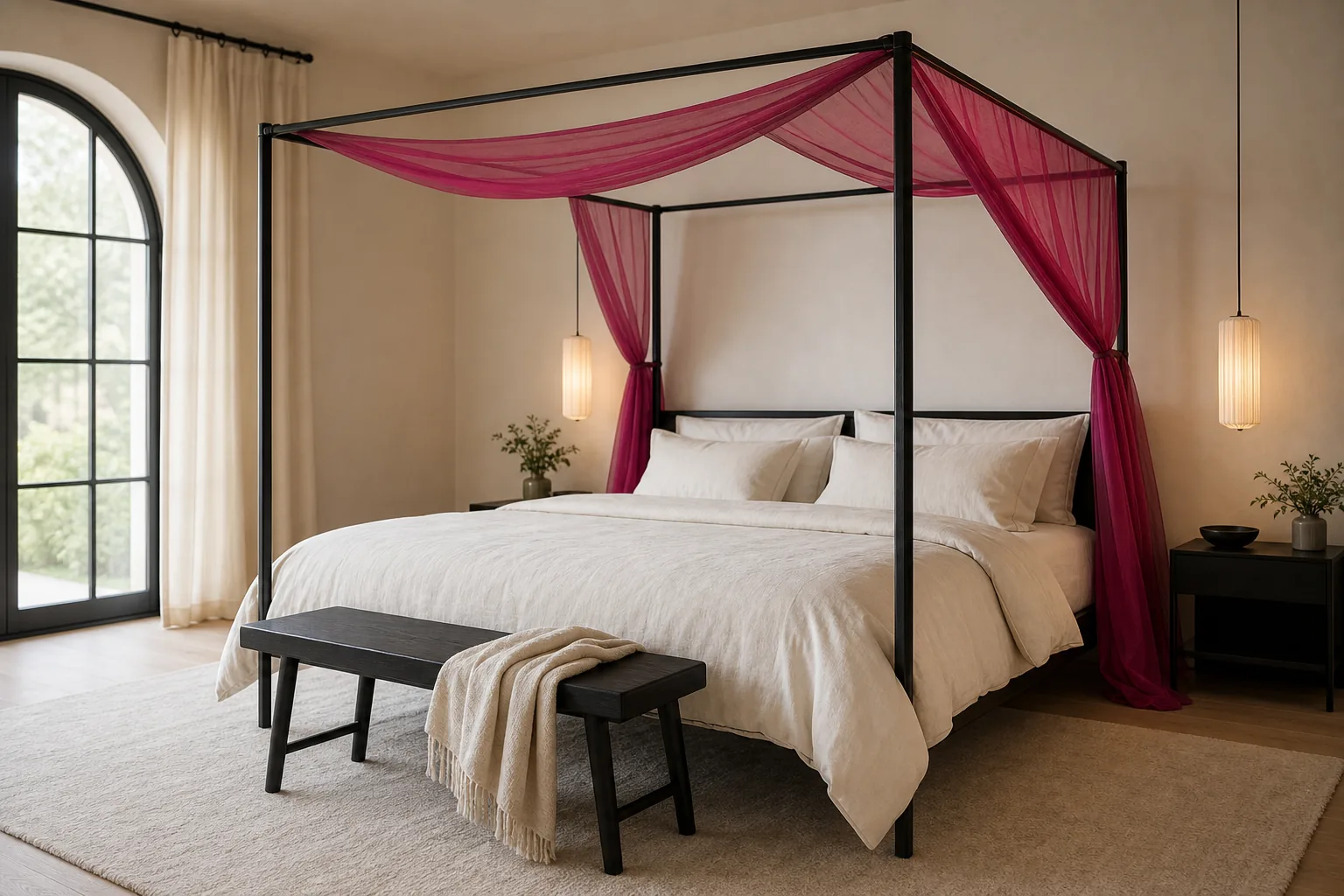 Black canopy bed framed by sheer hot pink drapery, ivory bedding and warm modern lighting
