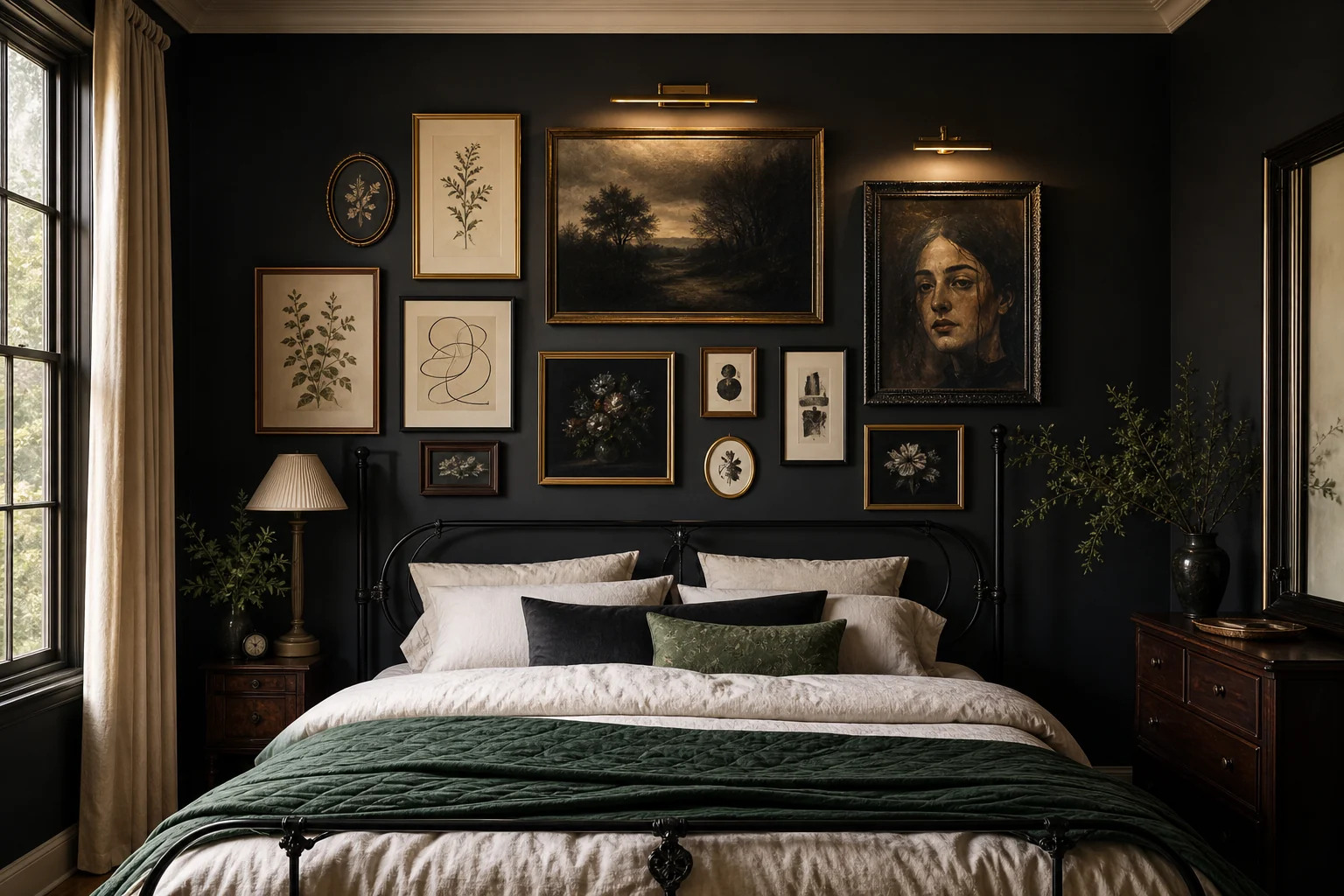 Black Nouveau bedroom with a curated gallery wall of botanical art, portraits and flowing gold frames