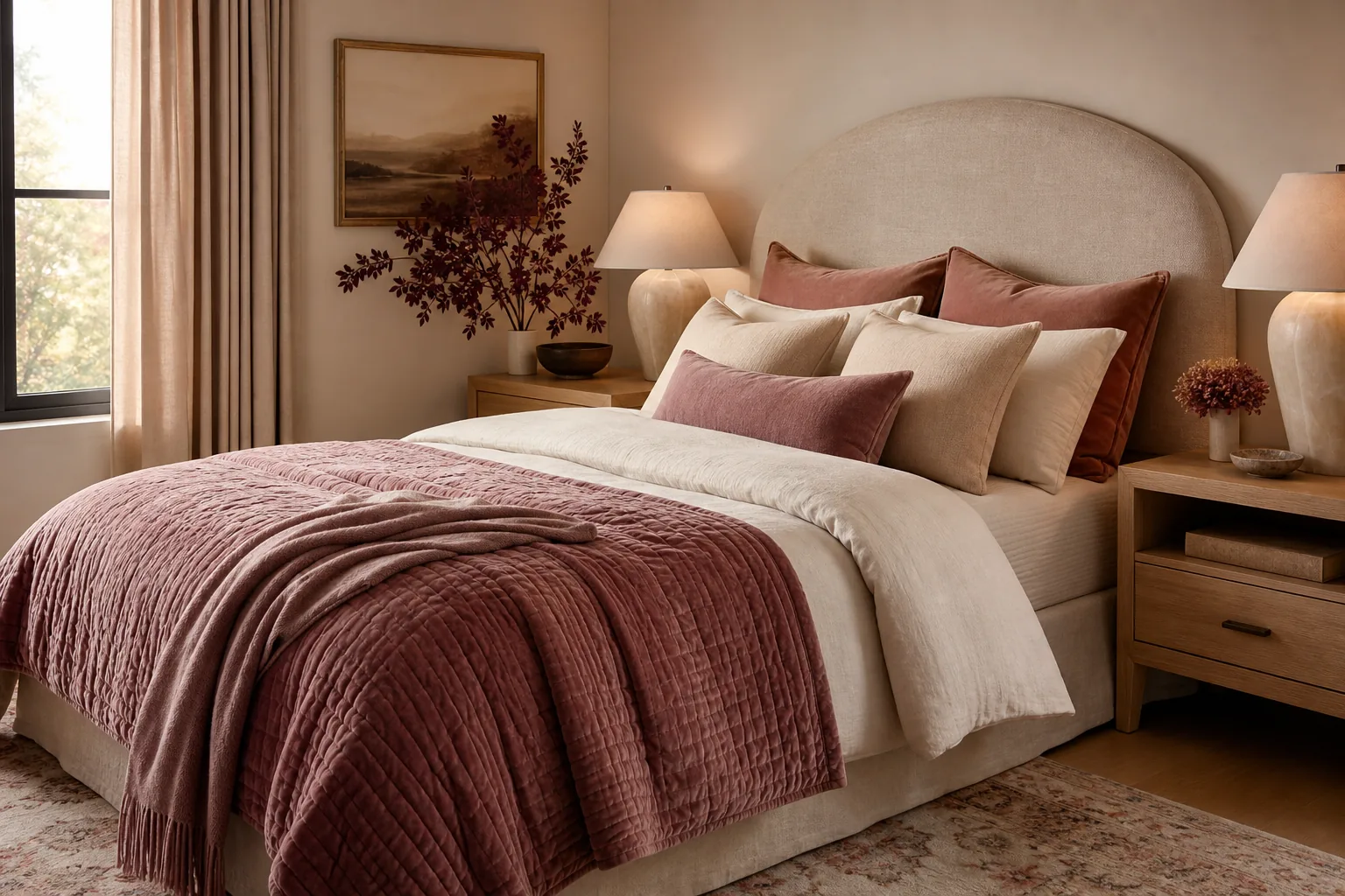 Soft blush fall bedroom with dusty rose quilt, cinnamon velvet pillows, ivory bedding and dried burgundy foliage