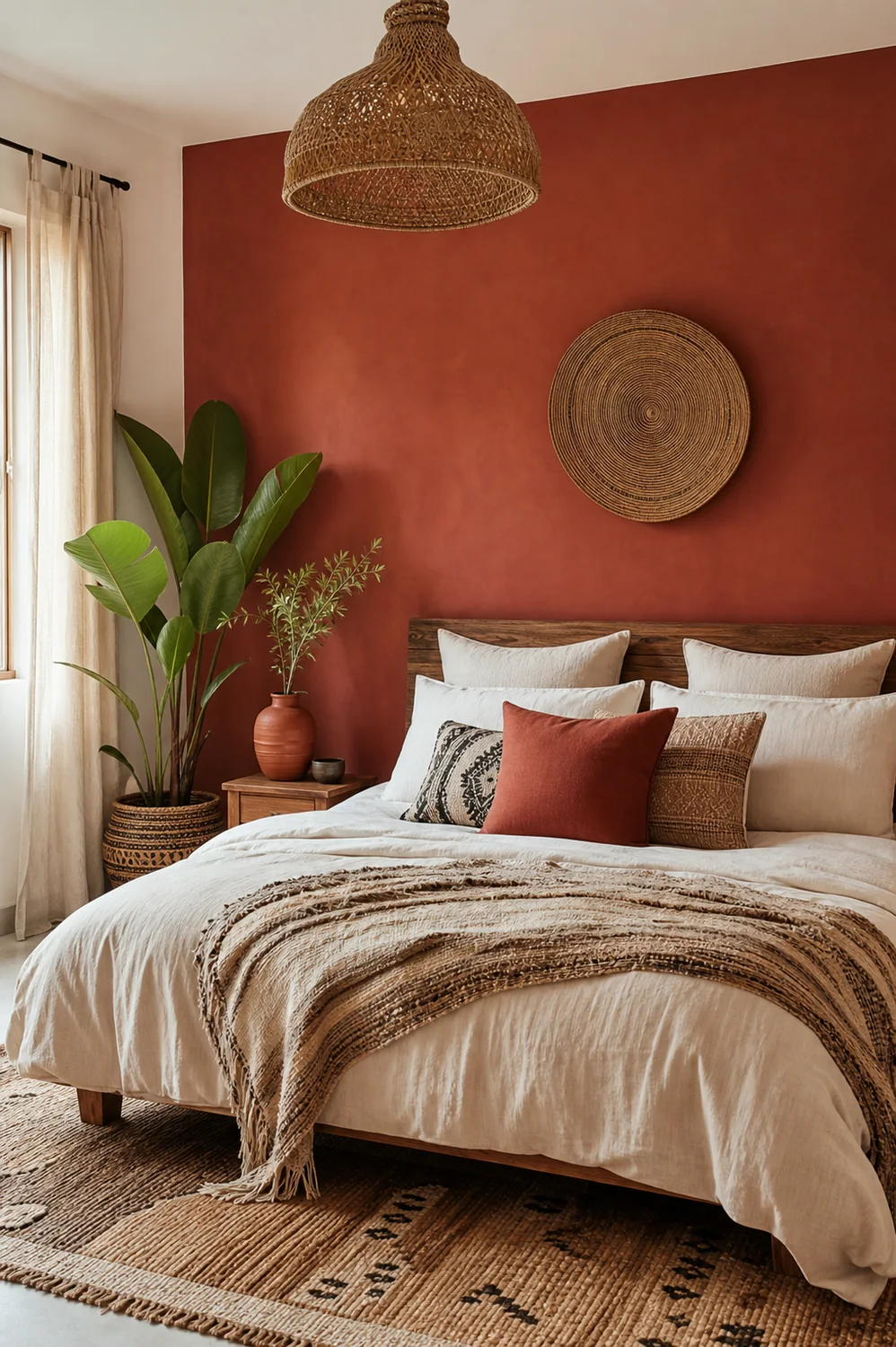 Clay red accent wall in an Afrobohemian bedroom