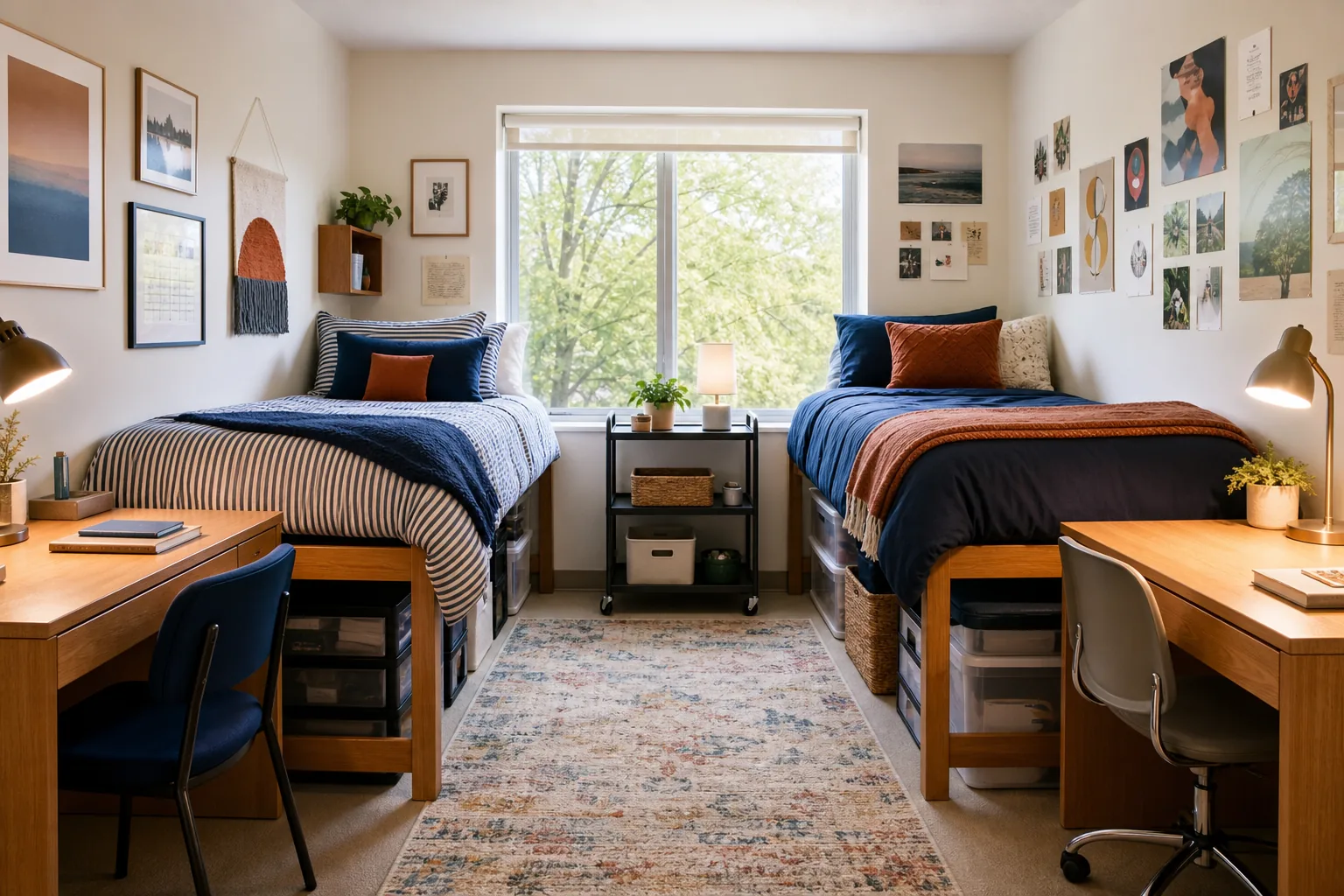 Shared dorm room with coordinated navy and terracotta color accents, individual bedding and a balanced central rug
