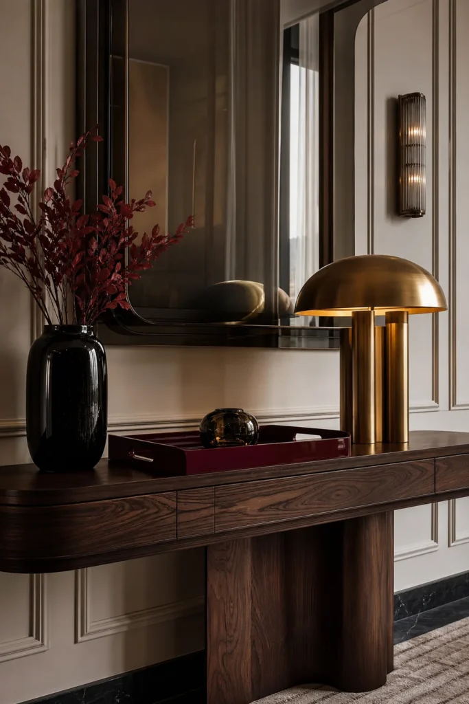 Dark wood furniture with glossy brass finishes