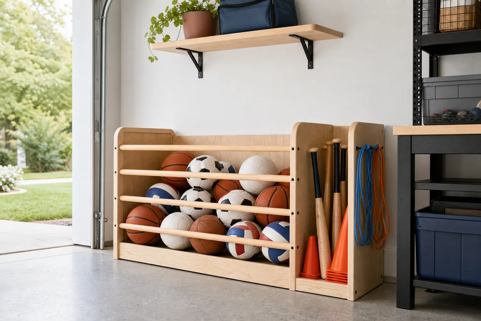 Open-front wood ball corral in a garage containing basketballs, soccer balls and playground equipment