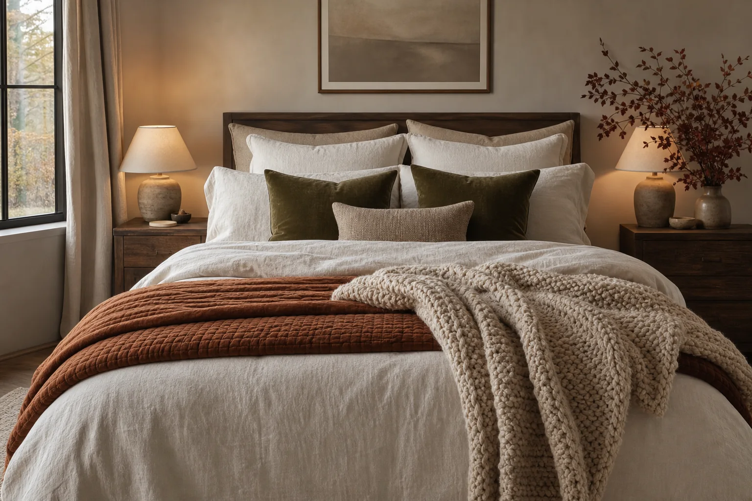 21 Cozy Fall Room Decor Ideas for a Warm, Aesthetic Home 12 Cozy fall bedroom with white linen bedding, a rust quilt, olive pillows and an oatmeal knit throw
