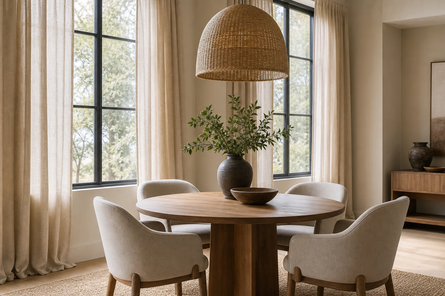 Full-height linen curtains softening a bright modern dining room