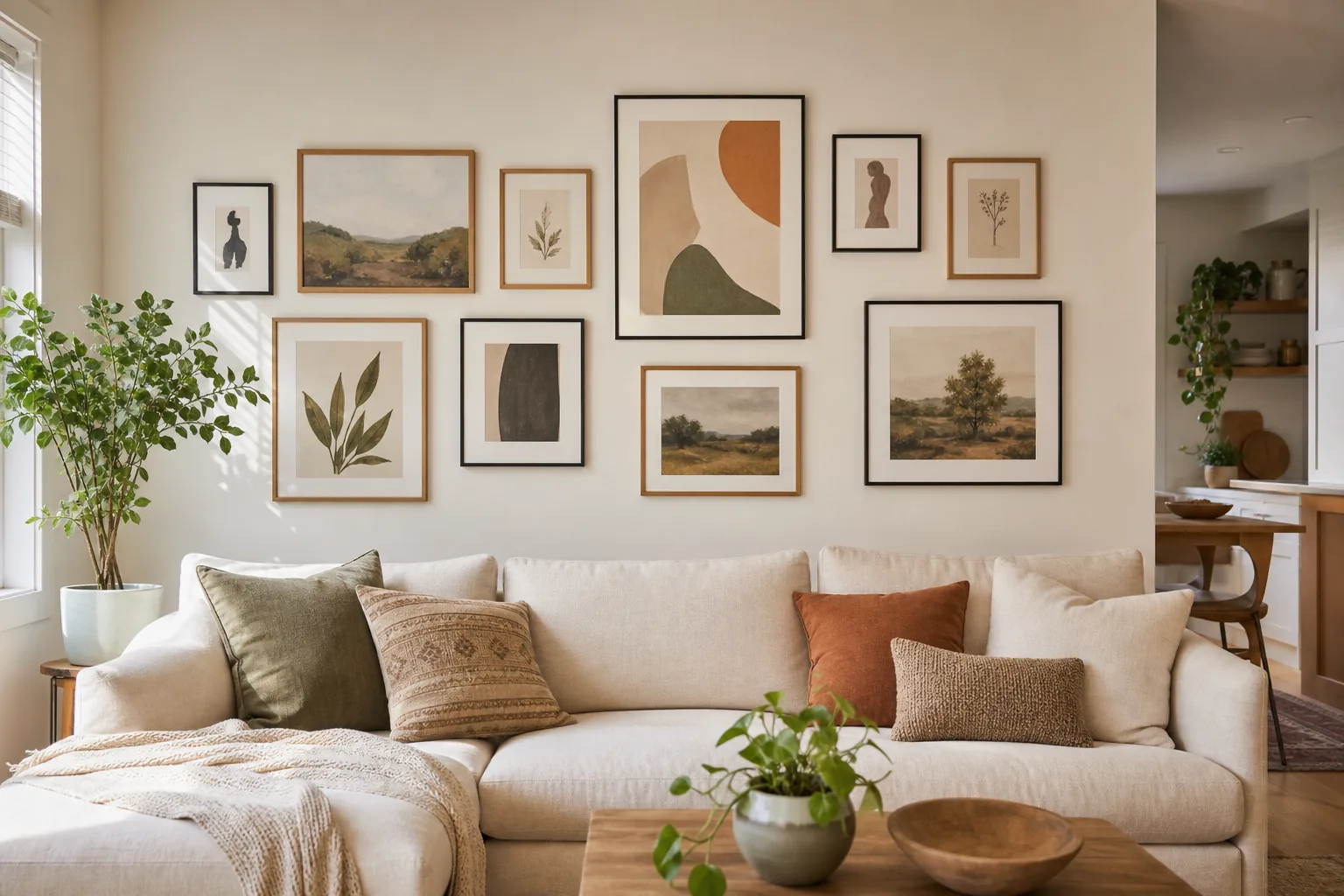 22 Cozy Apartment Aesthetic Ideas That Feel Warm, Not Cluttered 13 Warm apartment gallery wall with family photographs, abstract art and wood frames above a sofa