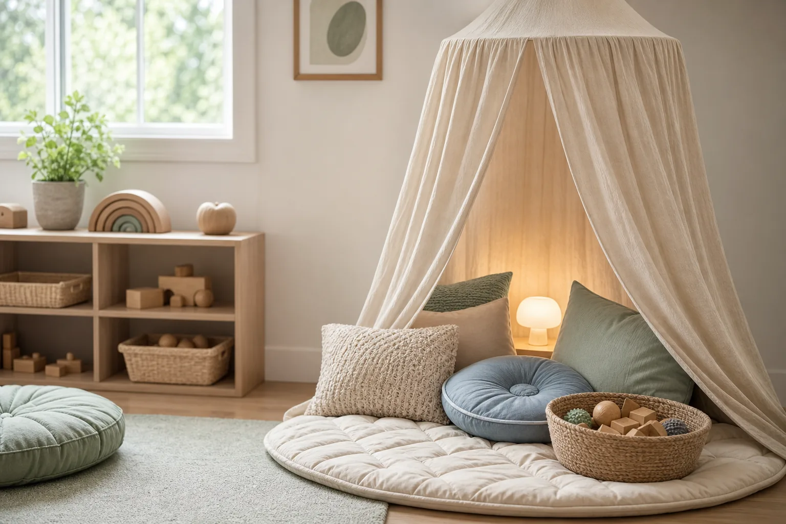 21 Playroom Inspiration Ideas for a Fun, Organized and Beautiful Kids' Space 13 Calm playroom sensory nook with a small canopy, soft floor mat, muted cushions and simple tactile toys